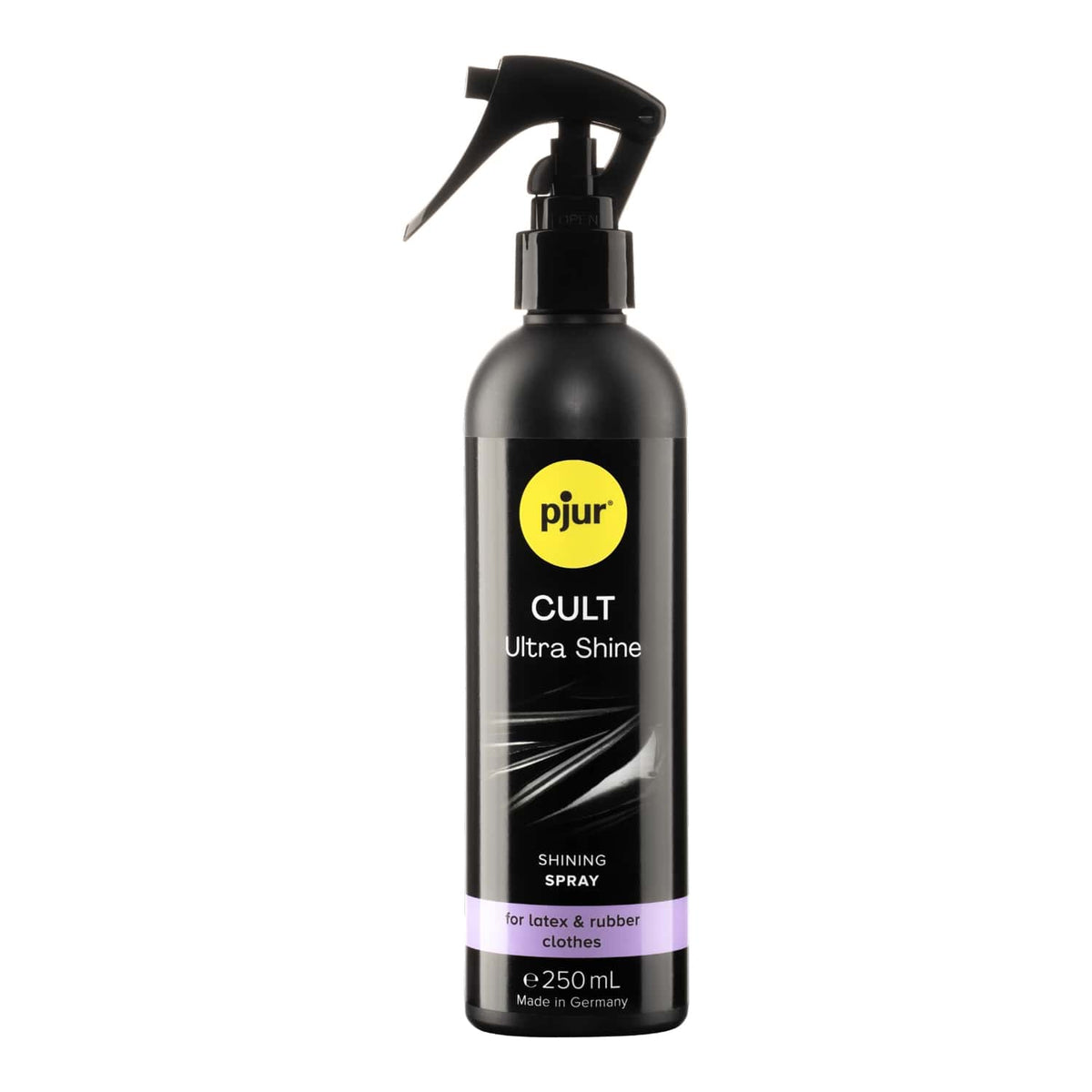 A black spray bottle of Pjur Cult Ultra Shine is presented against a white background. Imagen principal del producto