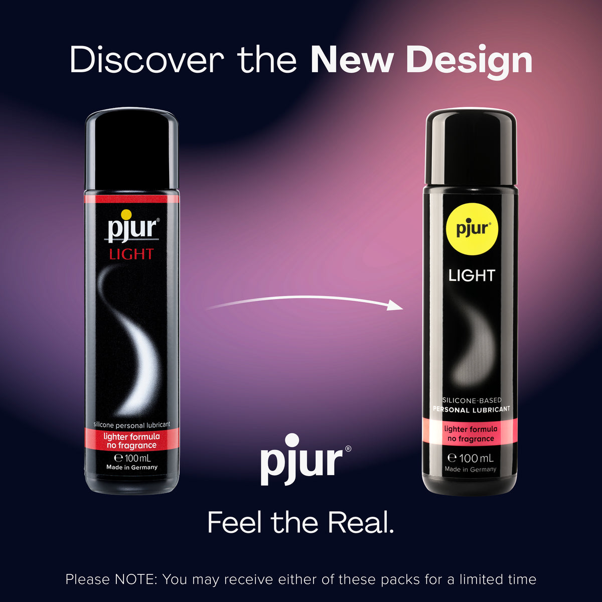 Two Pjur Light lubricant bottles, showing a design update.