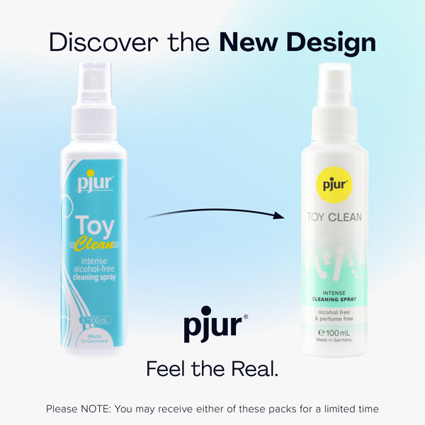 An advertisement titled "Discover the New Design" displays the older and newer packaging for Pjur Toy Clean intense cleaning spray. 