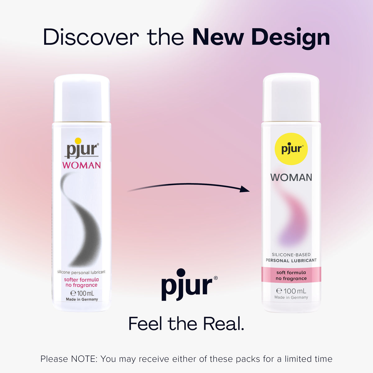 Two Pjur Woman lubricant bottles showing a design evolution.