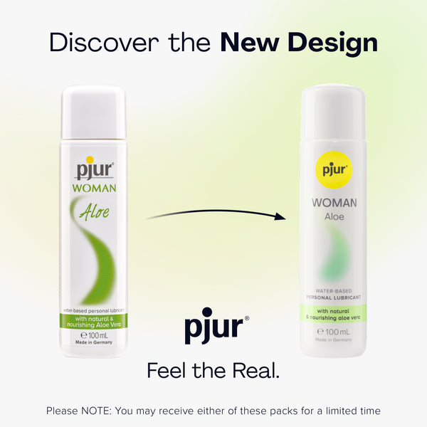 An advertisement titled "Discover the New Design" showcases the older and newer packaging for Pjur Woman ALOE.