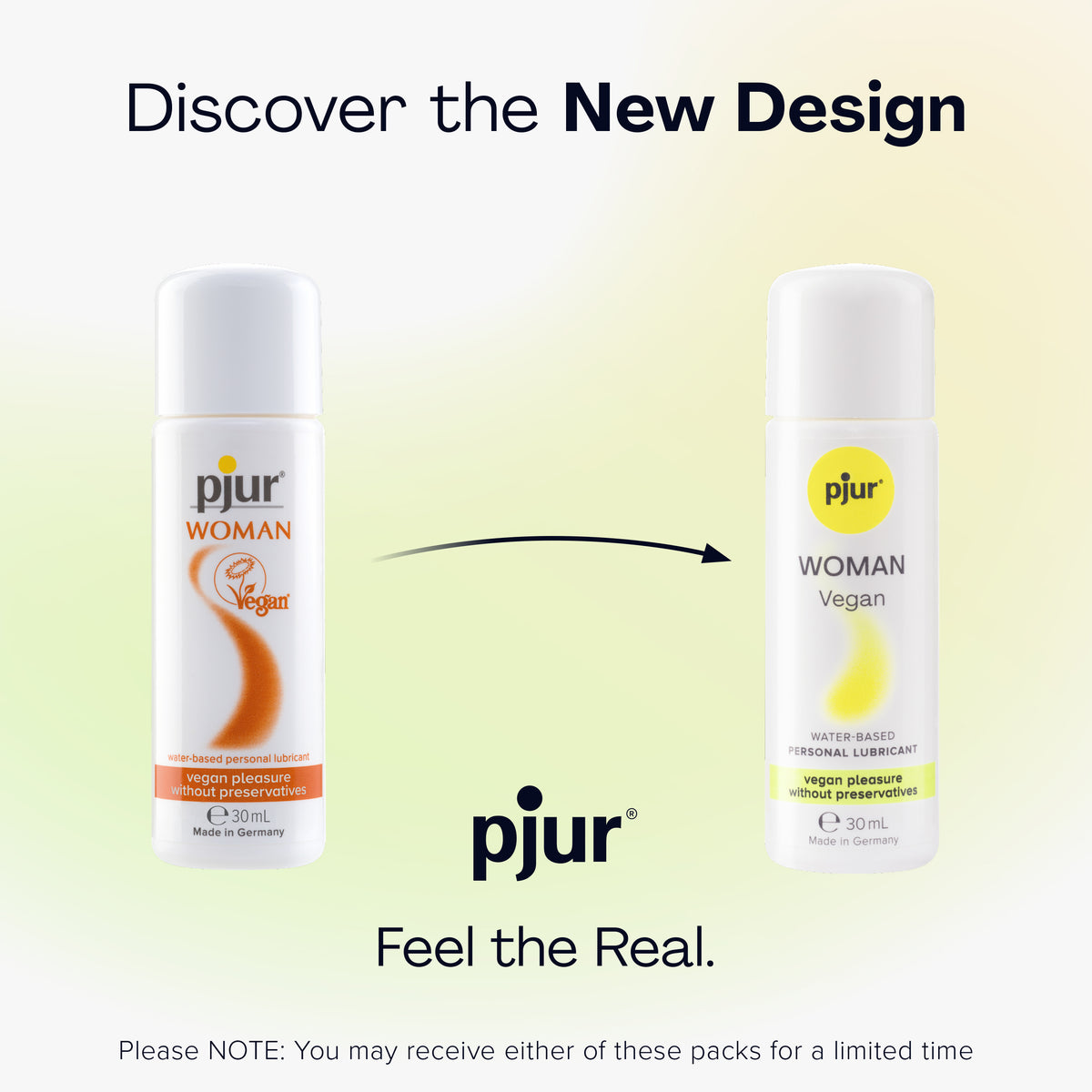 An advertisement titled "Discover the New Design" showcases the older and newer packaging for Pjur Woman Vegan water-based personal lubricant. 