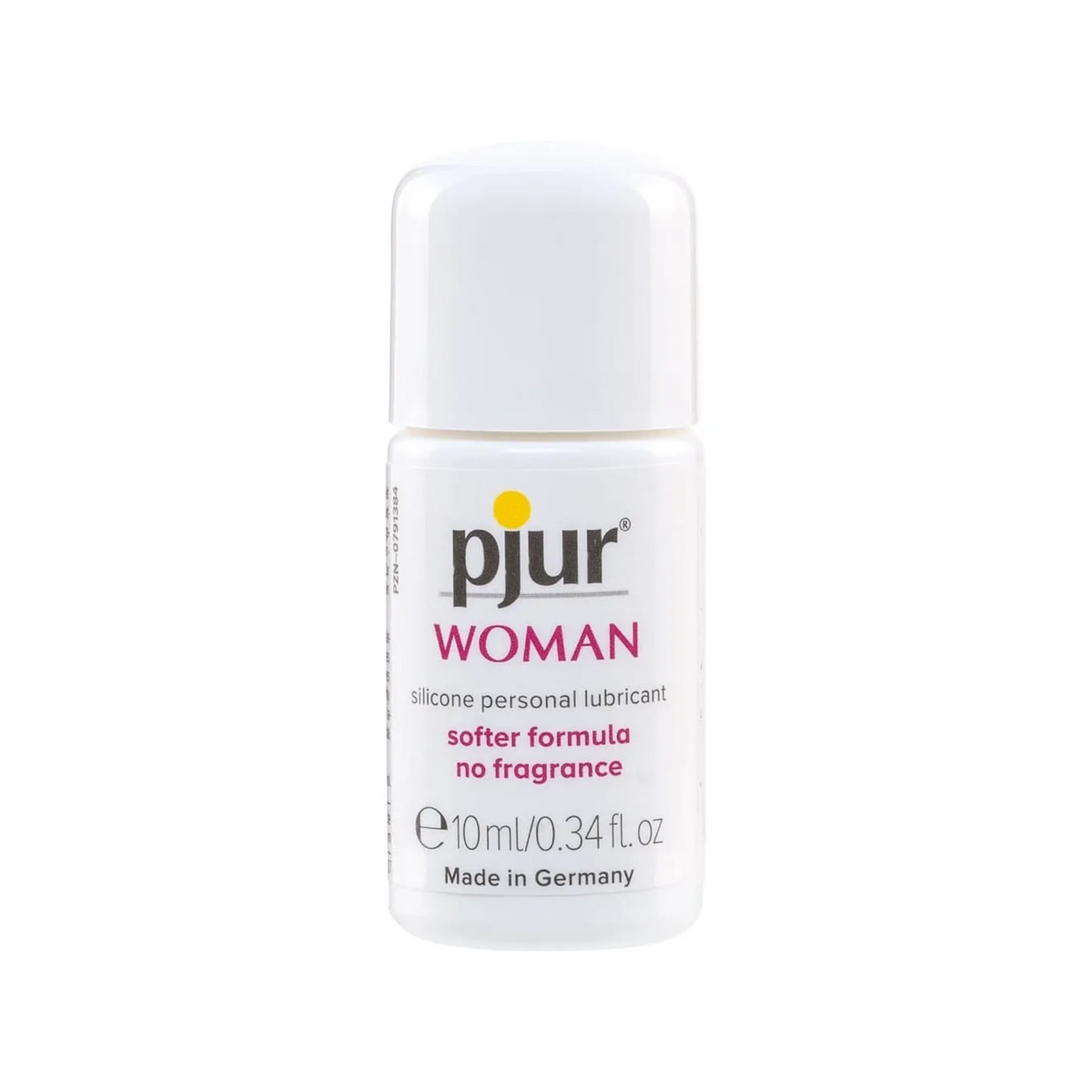 Bottle of pjur Woman silicone personal lubricant on a white background 10 ml, travel size