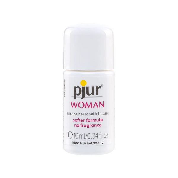 Bottle of pjur Woman silicone personal lubricant on a white background 10 ml, travel size