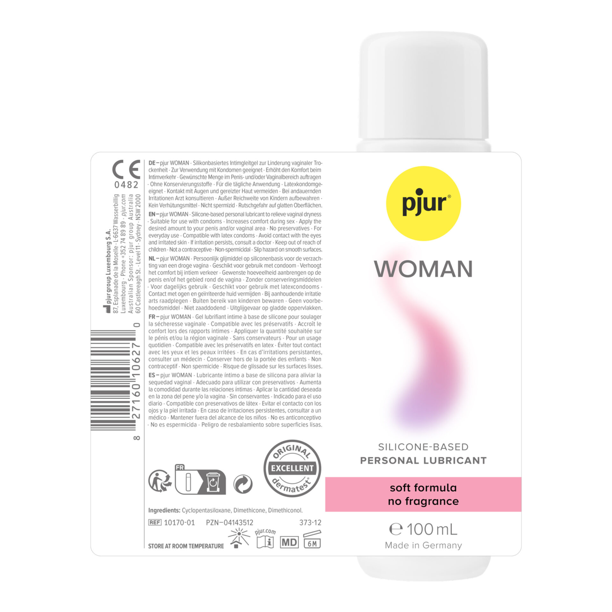 Product photo of pjur Woman Silicone-Based Personal Lubricant (soft formula, no fragrance) showing the back label with ingredients, usage, and multi-language instructions.