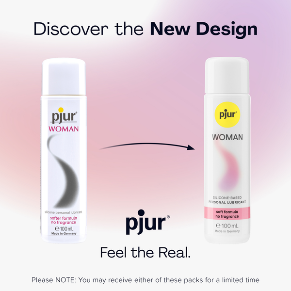 Graphic showing the old and new packaging design for pjur Woman Silicone-Based Personal Lubricant, labeled "Discover the New Design."