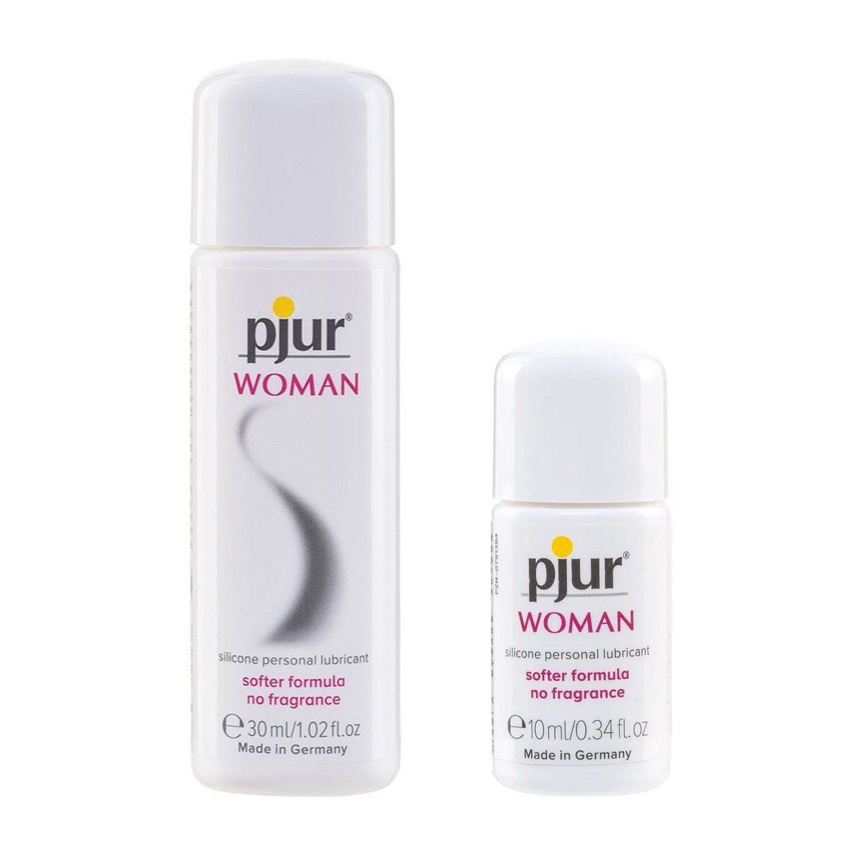 Two white bottles of Pjur Woman silicone personal lubricant, one 30ml and one 10ml, with 'softer formula no fragrance' and 'Made in Germany' visible.