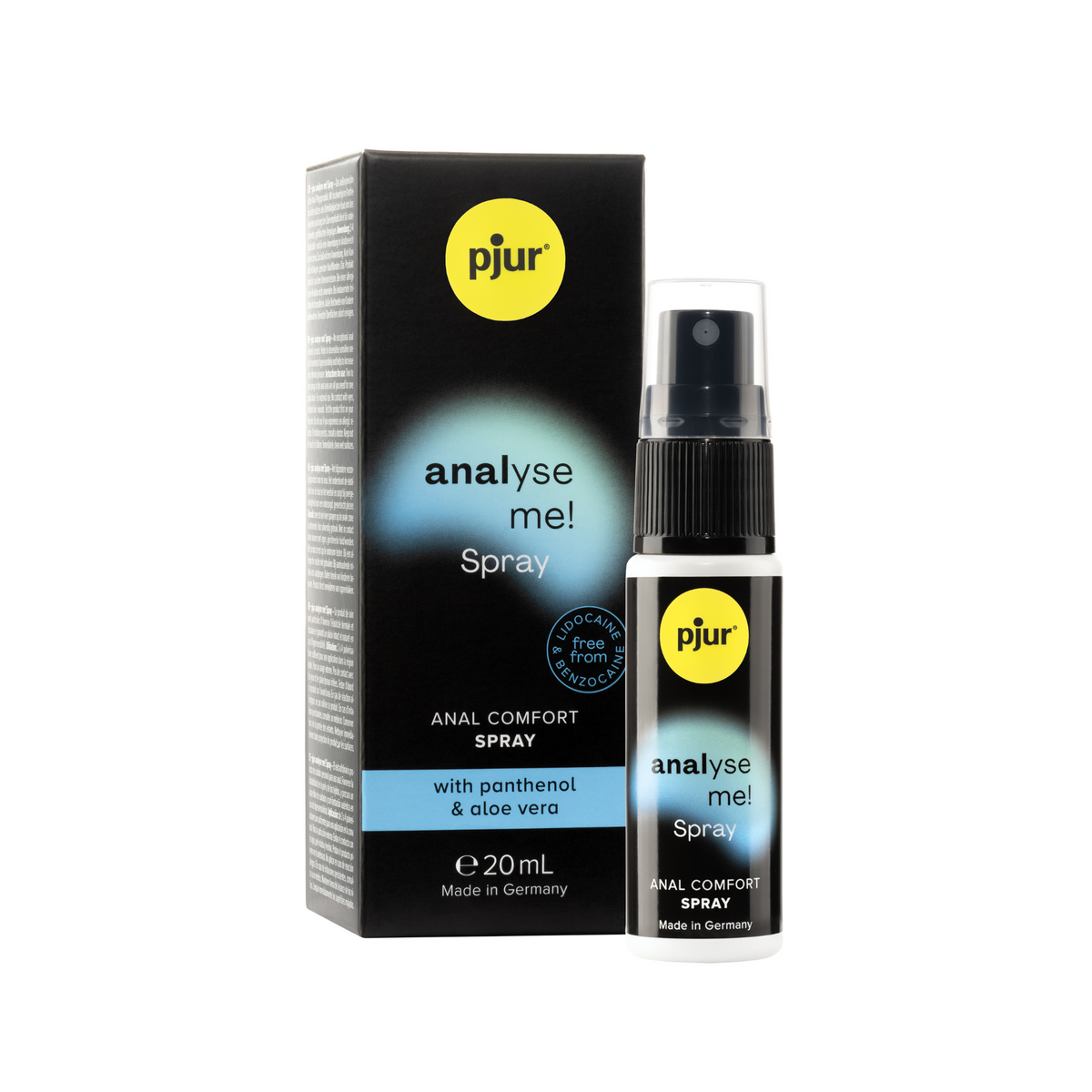 A black box and a matching spray bottle of pjur "analyse me! Spray" are positioned on a white background.  Imagen principal del producto