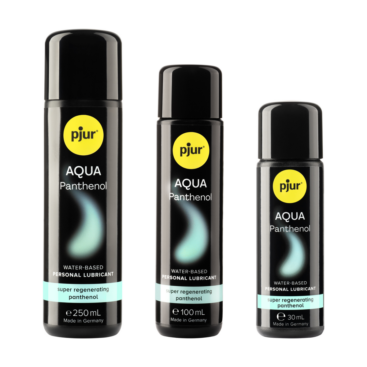 Three black bottles of pjur AQUA Panthenol water-based personal lubricant are arranged in descending order of size against a white background. 