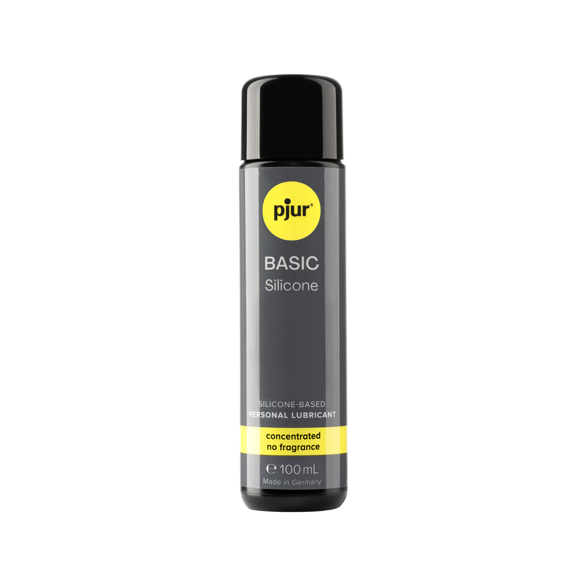 A gray bottle of Pjur Basic Silicone lubricant is isolated on a white background.