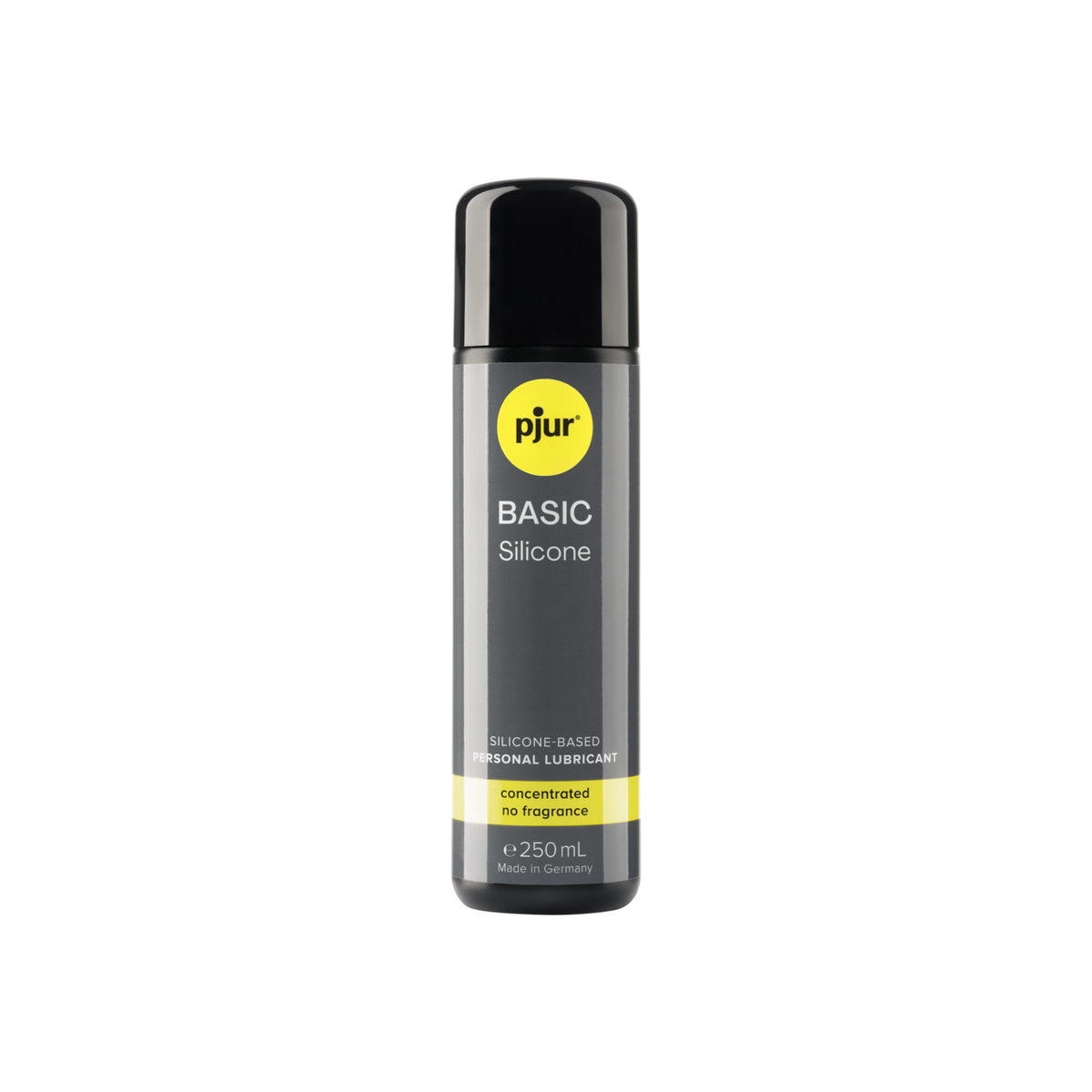A gray bottle of Pjur Basic Silicone lubricant is isolated on a white background. Imagen principal del producto