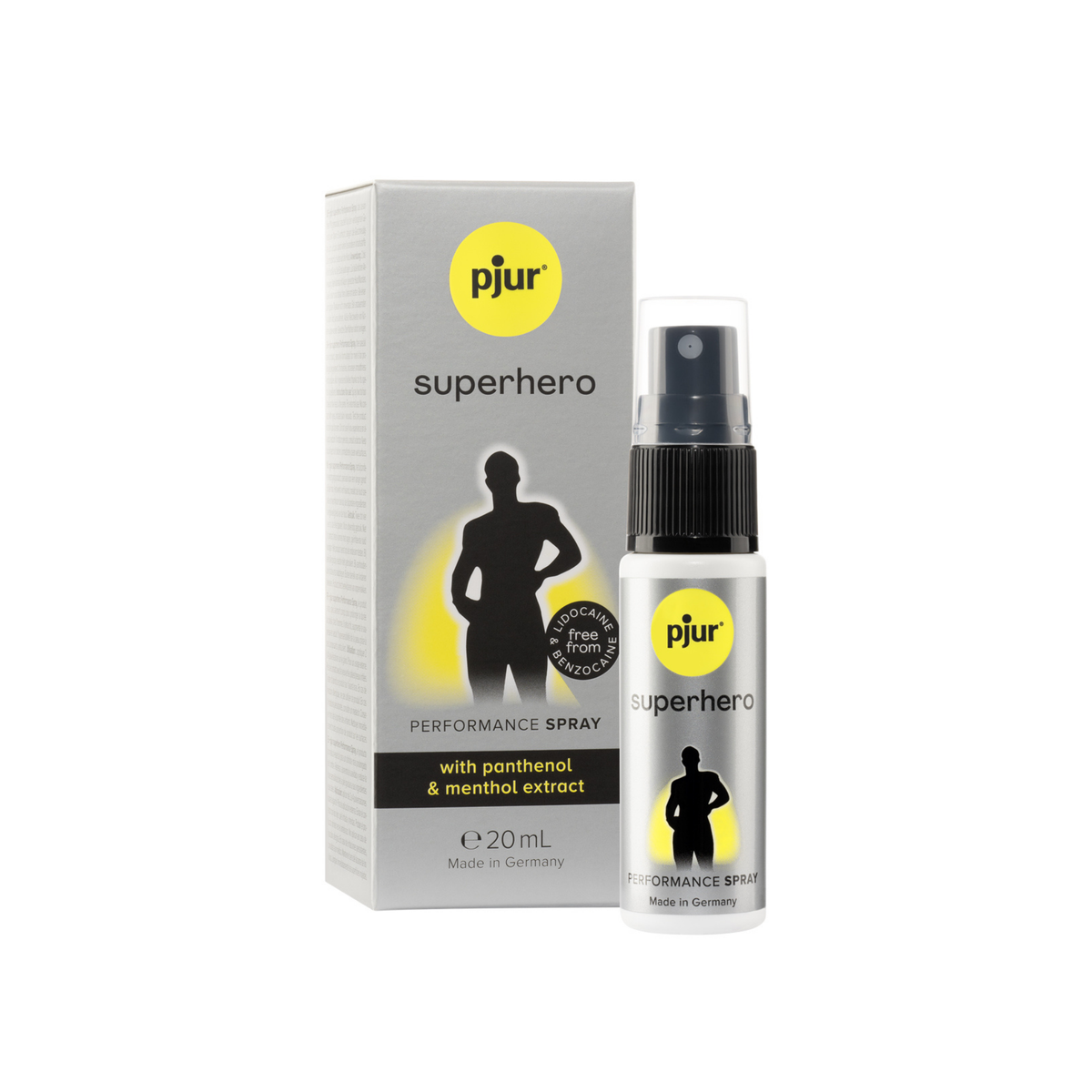 A gray and white box and a small white spray bottle of Pjur Superhero Performance Spray are positioned against a white background. Imagen principal del producto