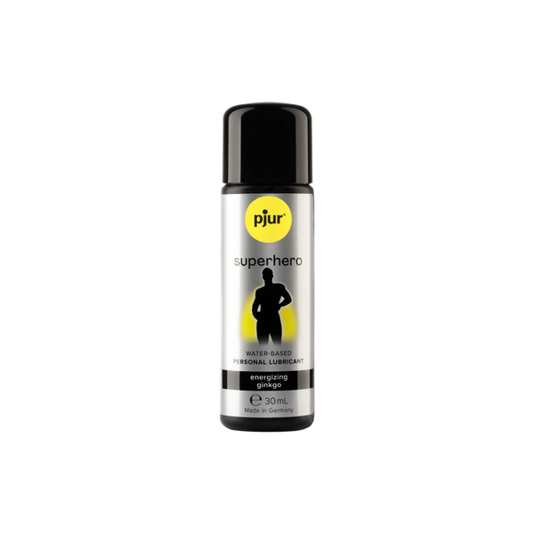 A gray bottle of Pjur Superhero Energizing Ginkgo lubricant 30ml is shown on a white background.