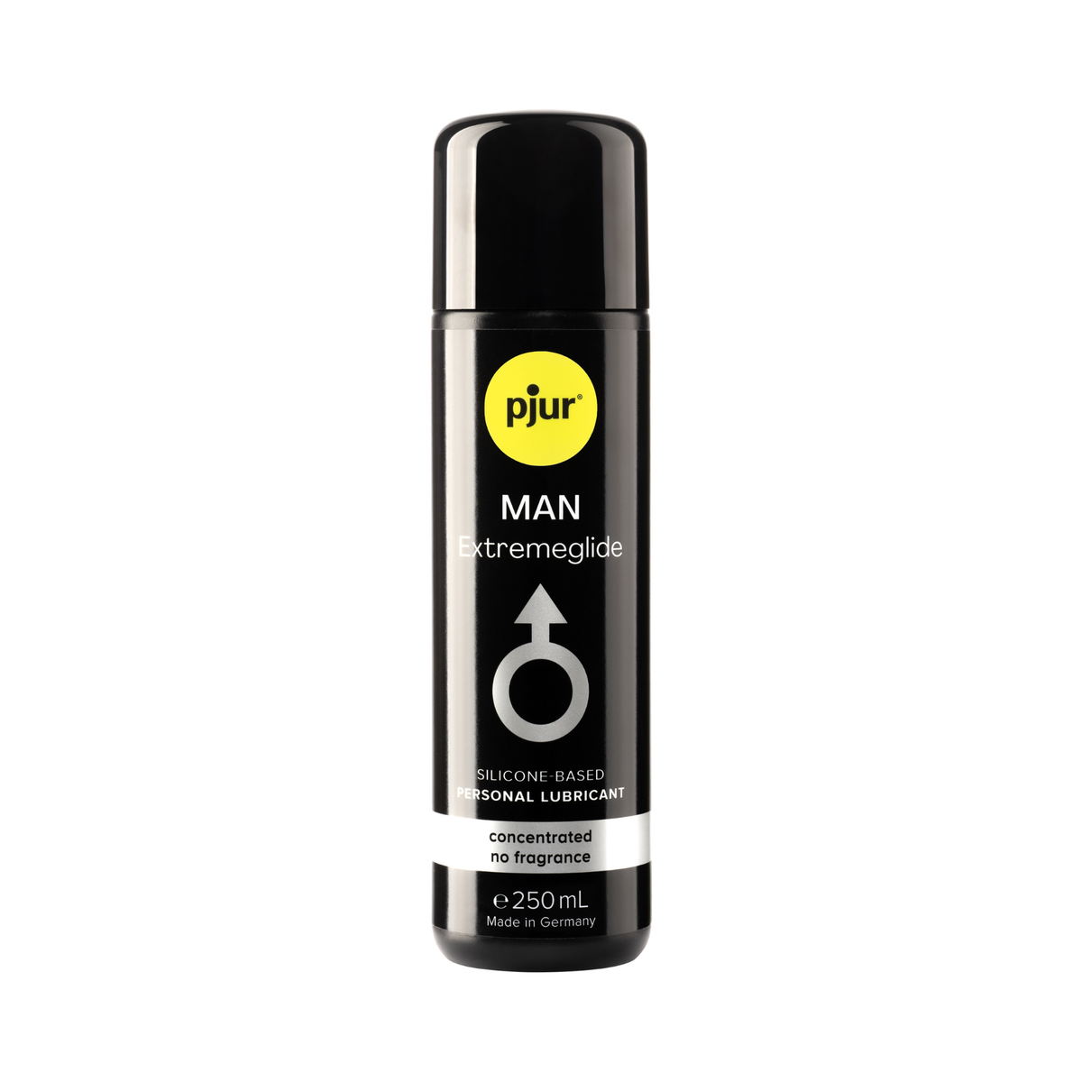 A black bottle of Pjur Man Extremeglide 250ml lubricant is shown on a white background.