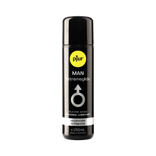 A black bottle of Pjur Man Extremeglide 250ml lubricant is shown on a white background.