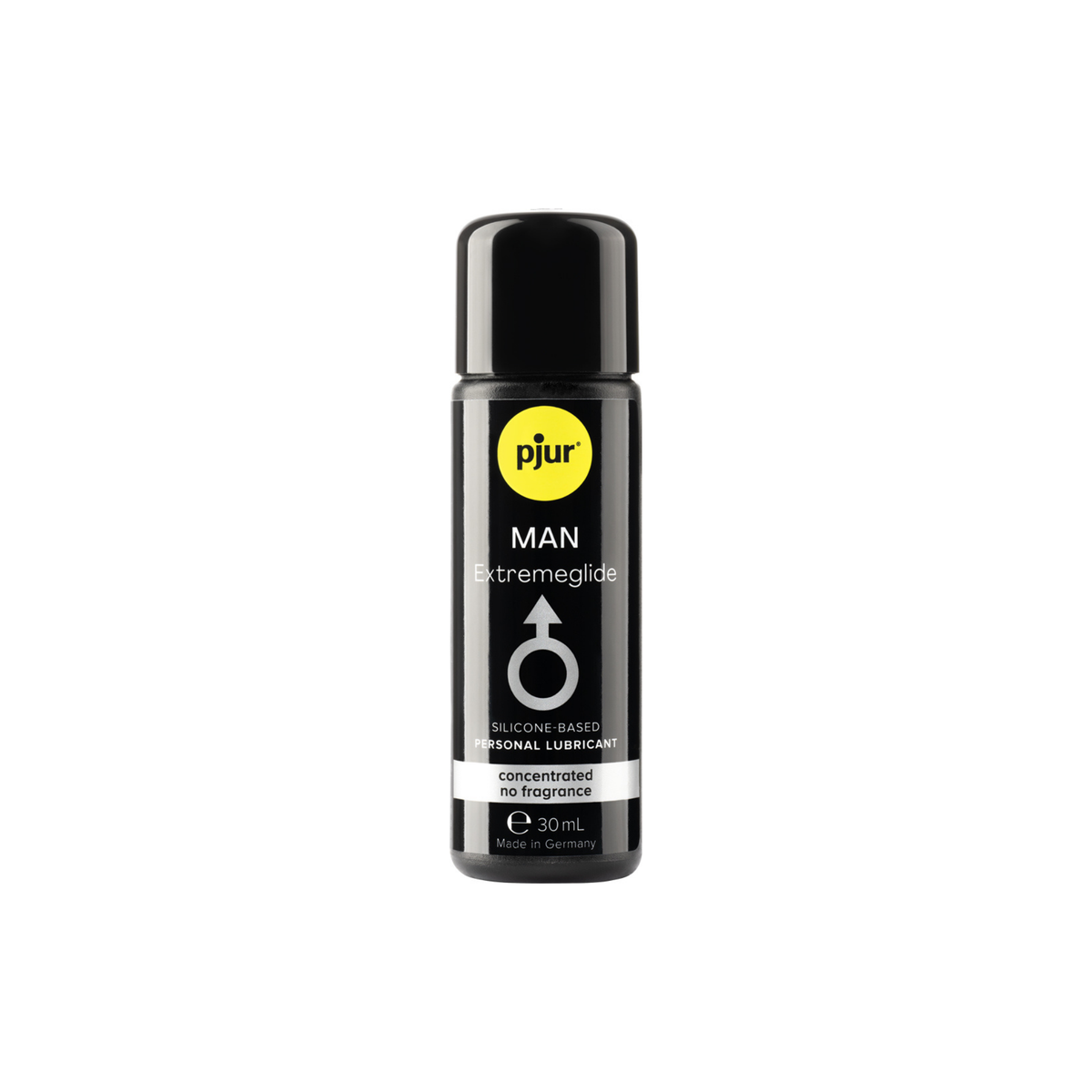 A black bottle of Pjur Man Extremeglide 30ml lubricant is shown on a white background.