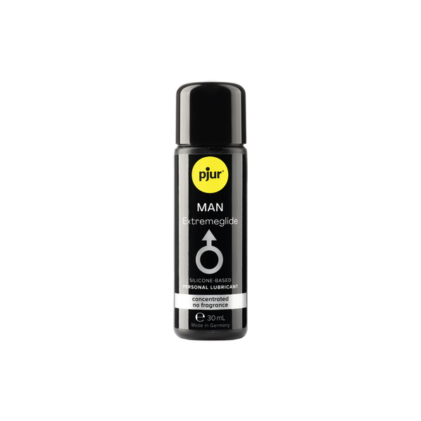 A black bottle of Pjur Man Extremeglide 30ml lubricant is shown on a white background.
