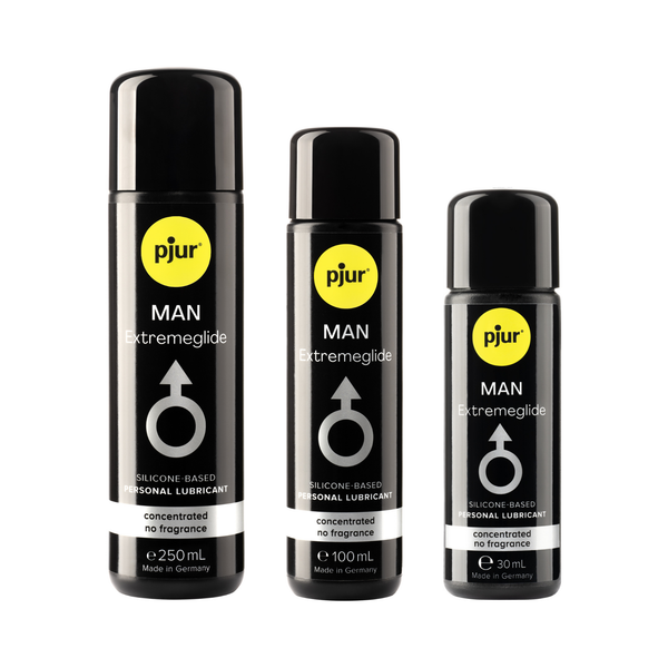 A black bottles of Pjur Man Extremeglide lubricants is shown on a white background.