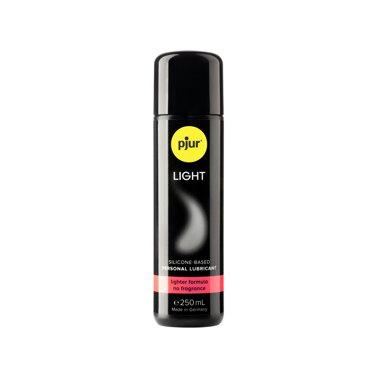 A black bottle of Pjur Light silicone-based personal lubricant 250ml with a yellow logo and pink label indicating "lighter formula no fragrance".