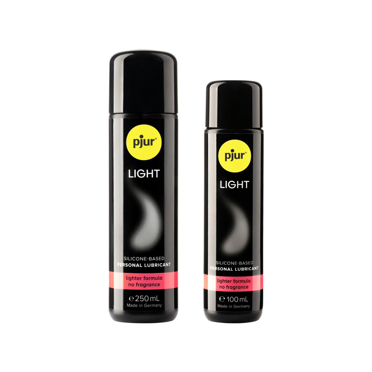 Two black bottles of Pjur Light silicone-based personal lubricants with a yellow logo and pink label indicating "lighter formula no fragrance". Imagen principal del producto