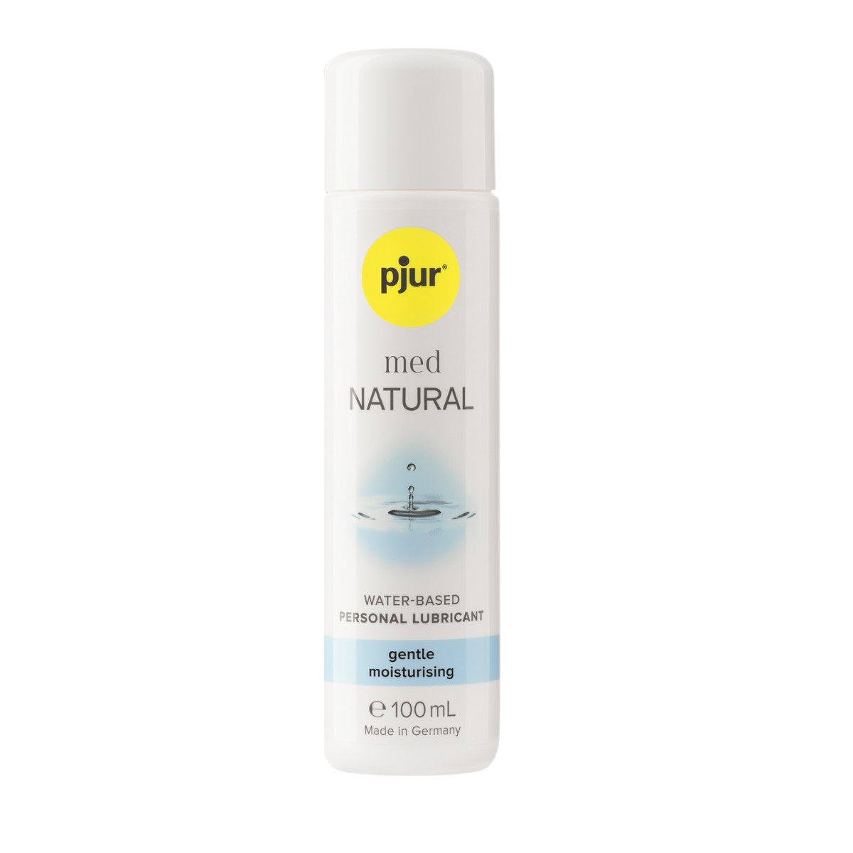 A white bottle of pjur med NATURAL water-based personal lubricant with a yellow logo and light blue accents on a white background.
