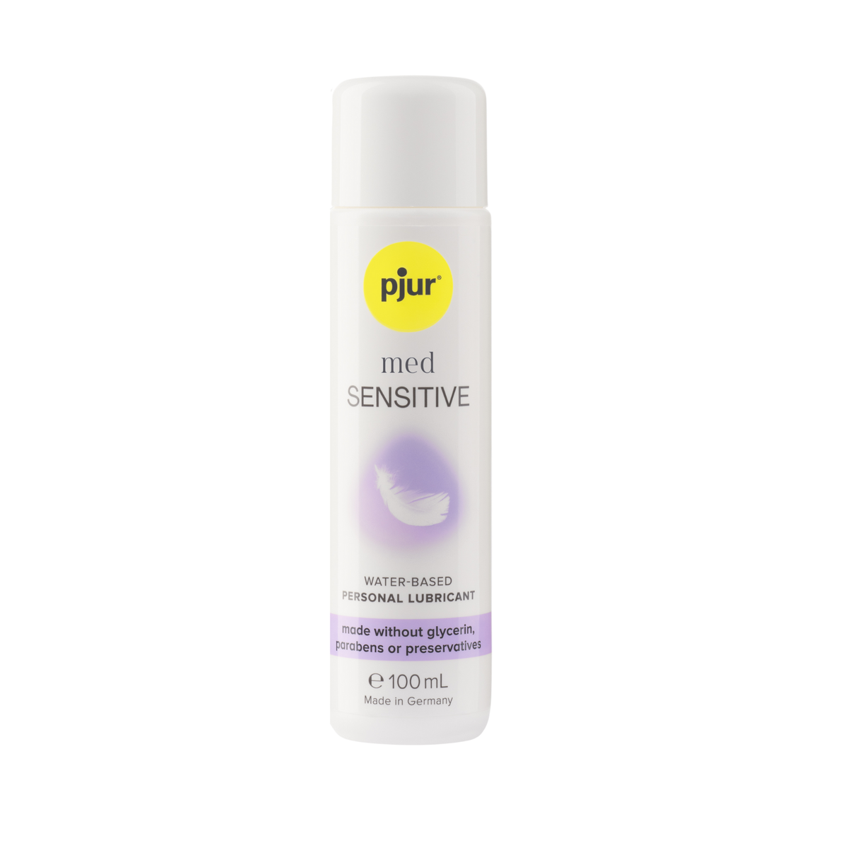 A white bottle of pjur med SENSITIVE water-based personal lubricant with a yellow logo and light purple accents on a white background.