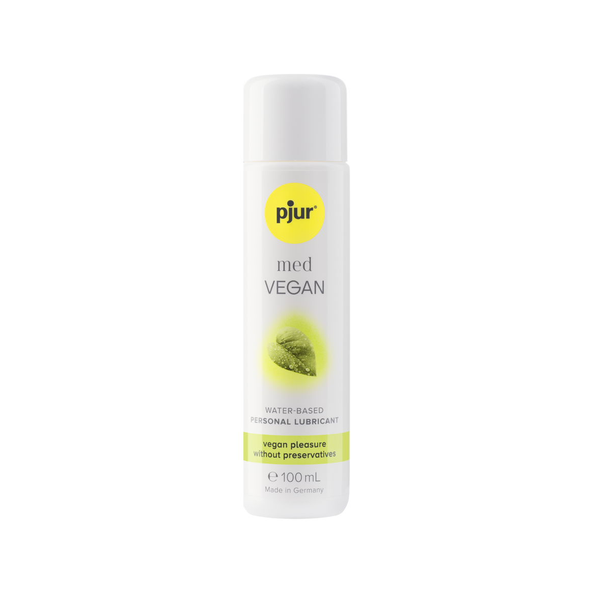 A white bottle of pjur med VEGAN water-based personal lubricant with a yellow logo and light green accents on a white background.