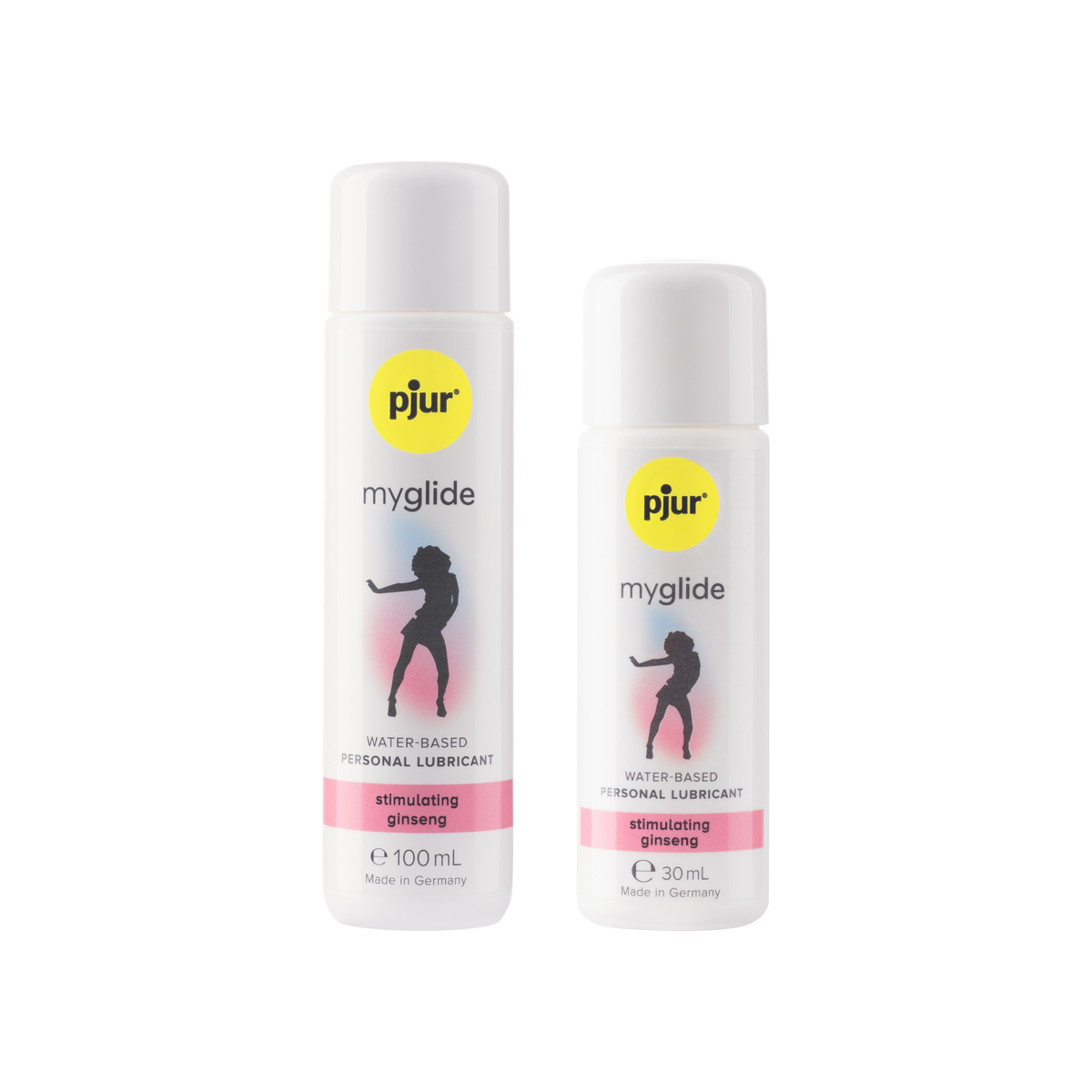 Two white bottles of Pjur Myglide lubricant in different sizes are displayed on a white background. Imagen principal del producto