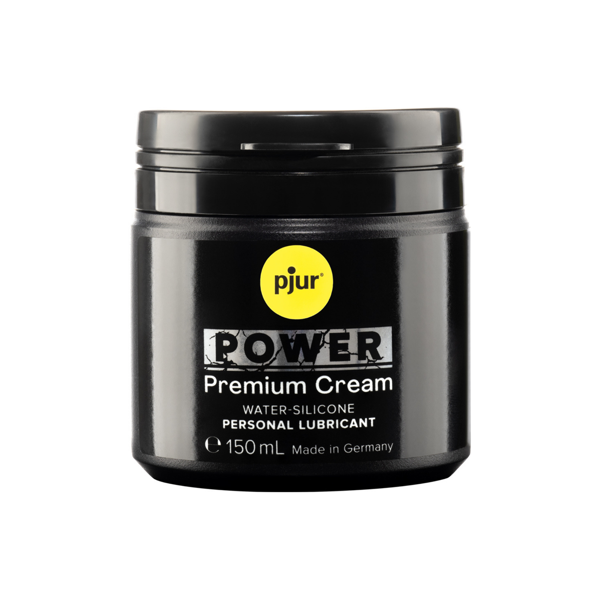 Black jar of Pjur Power Premium Cream 150ml is shown against a white background.