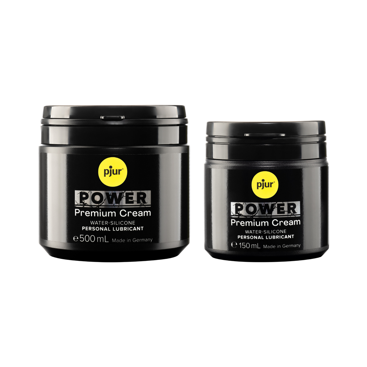 Two black jars of Pjur Power Premium Cream are shown against a white background. Imagen principal del producto