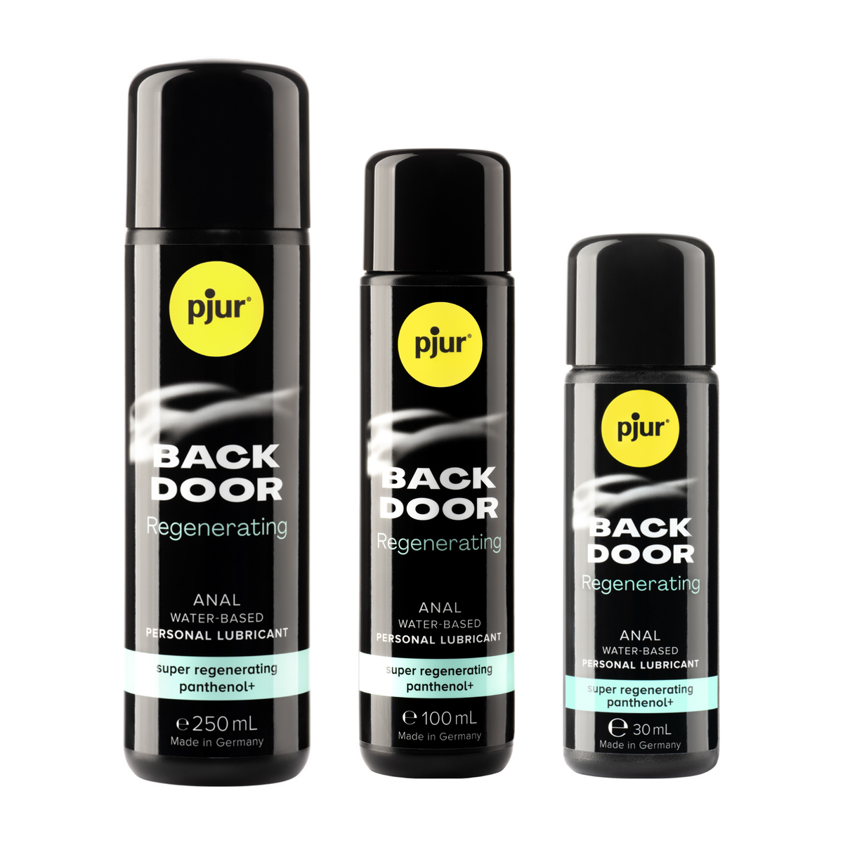 A 3 black bottles of Pjur Back Door Regenerating lubricants is shown against a white background. Imagen principal del producto