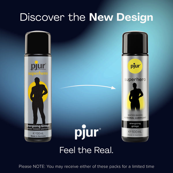 An ad compares old and new packaging for Pjur Superhero Energizing Ginkgo lubricant.