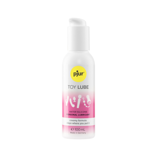 A white pump bottle of Pjur Toy Lube is shown against a white background.
