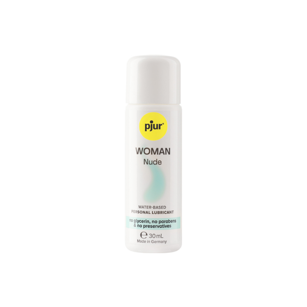 A white bottle of pjur WOMAN Nude 30ml water-based personal lubricant with a yellow logo and teal accents on a white background.