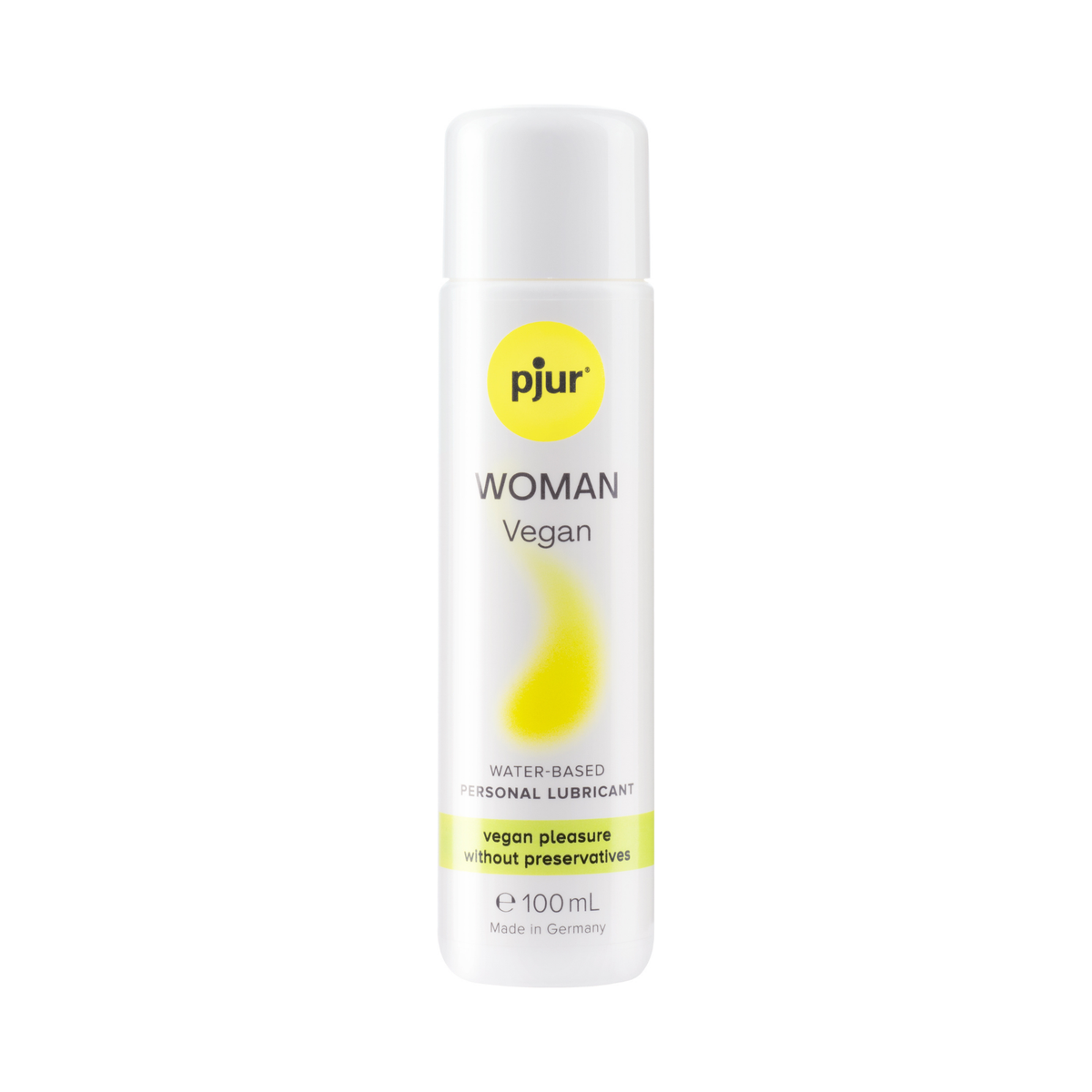 A white bottle of Pjur Woman Vegan water-based personal lubricant is centered against a white background.  Imagen principal del producto