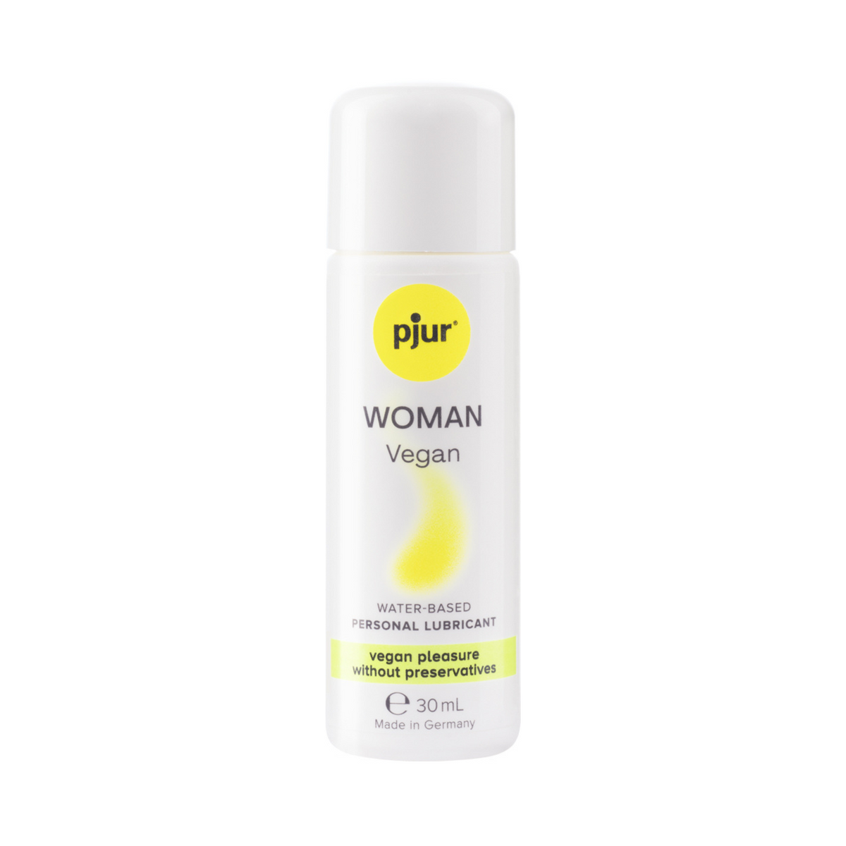 A white bottle of Pjur Woman Vegan water-based personal lubricant is centered against a white background.  Imagen principal del producto