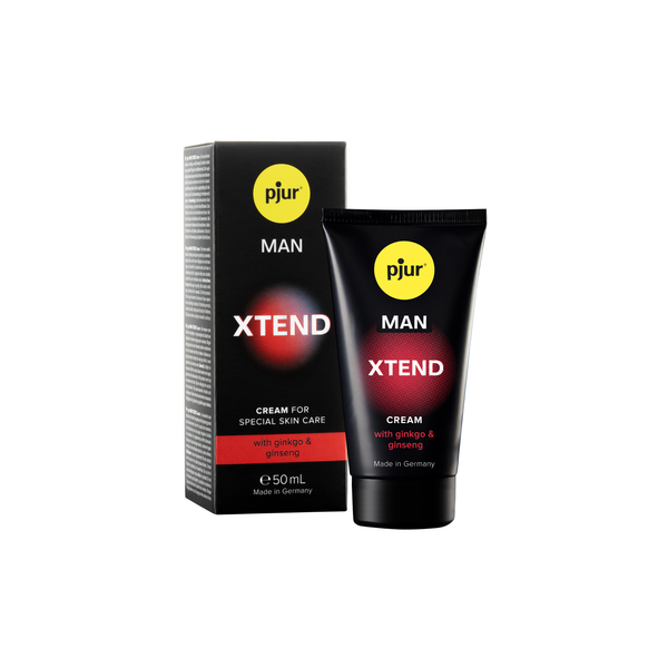A black box and tube of Pjur Man Xtend cream are shown against a white background.