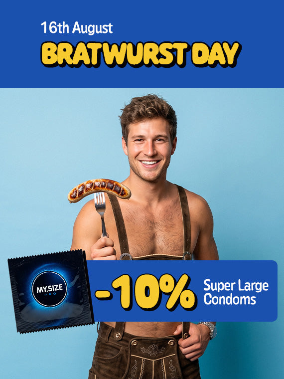 Promotional banner for August 16th Bratwurst Day featuring a smiling, shirtless man in traditional German leather lederhosen holding a grilled sausage on a fork, displayed alongside a 10% discount offer on My.Size Pro Super Large Condoms against a light blue background.