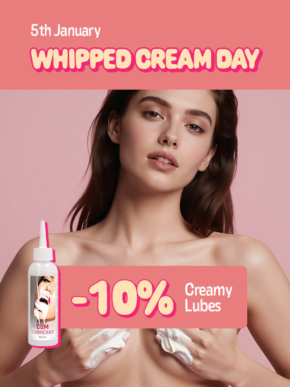 Woman applying whipped cream with promotional text for 'Whipped Cream Day' and a discount offer on a pink background.