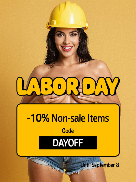 A promotional banner on a warm yellow background celebrating Labor Day featuring a smiling woman wearing a yellow hard hat and denim shorts, offering a 10% discount on non-sale items using promo code DAYOFF through September 8th.