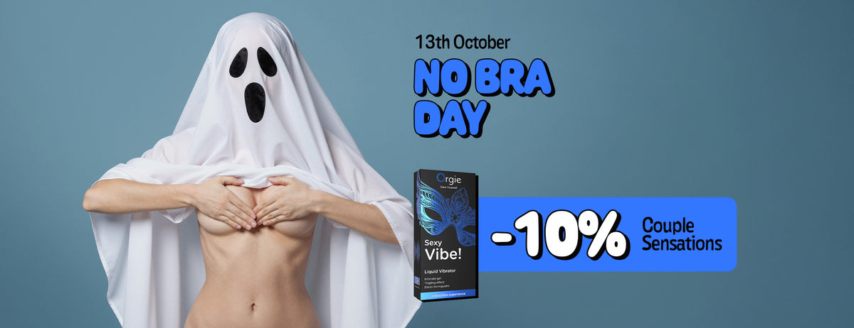 Promotional graphic titled "13th October NO BRA DAY" on a muted blue background, featuring a person wearing a white ghost sheet costume lifting it to cover their chest with their hands, beside an Orgie "Sexy Vibe!" liquid vibrator box and a blue banner offering "-10% Couple Sensations."