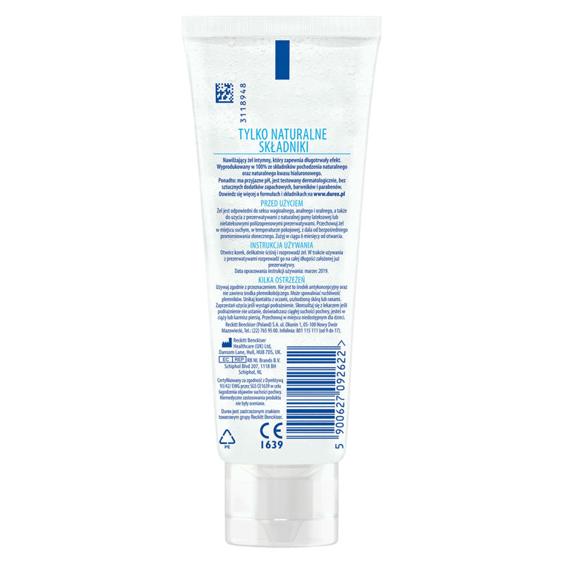A back-facing image of the Durex Naturals Hyaluro 100ml tube. The packaging is white with a bright blue diagonal leaf graphic covered in water droplets and a '100% Natural Ingredients' seal.